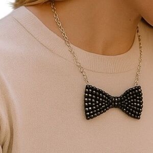 Etc! Gold Tone Black Bead Necklace Bow tie with Extender